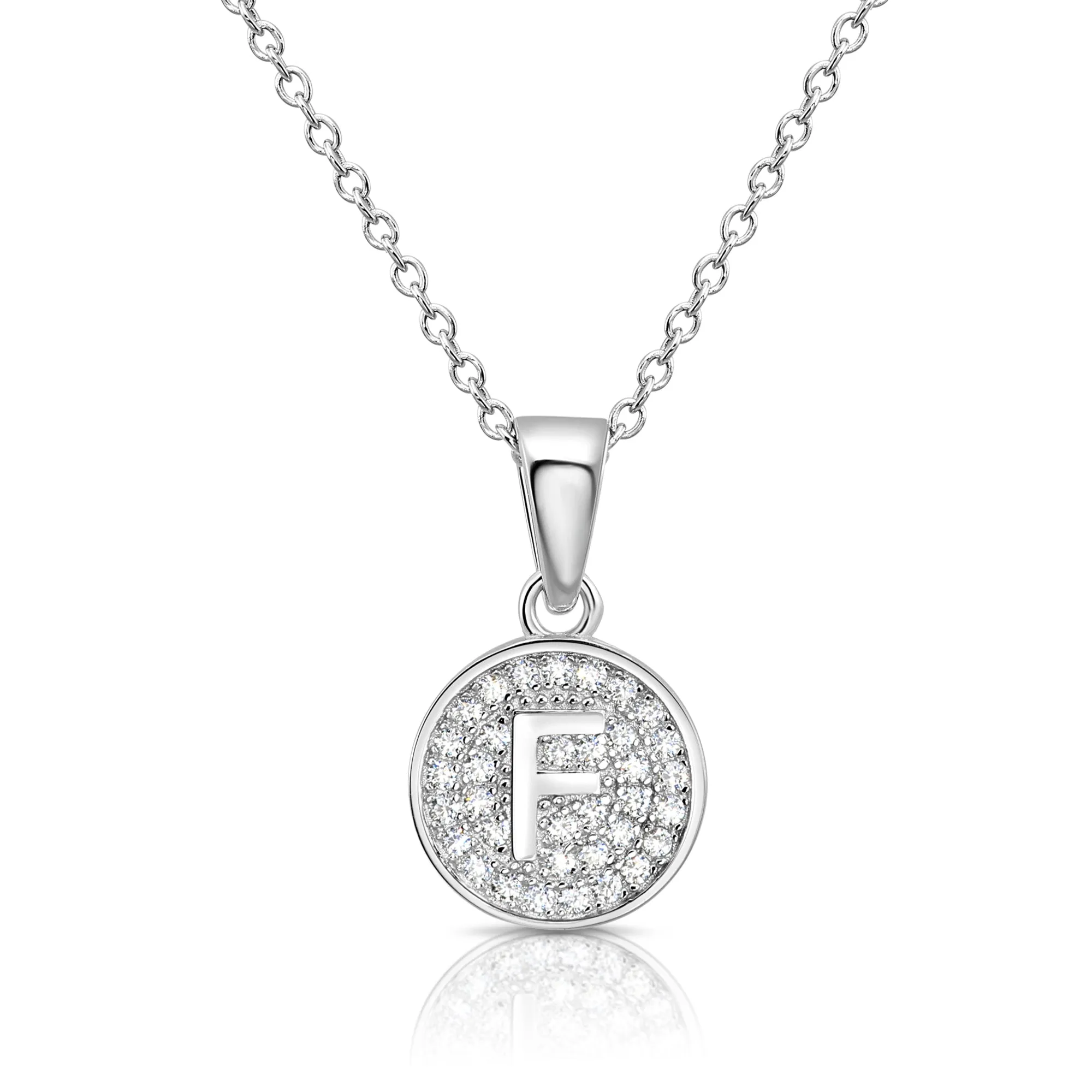 CZ Initial Round Charm Necklace (Letters A-Z) 16" 18" in Sterling Silver