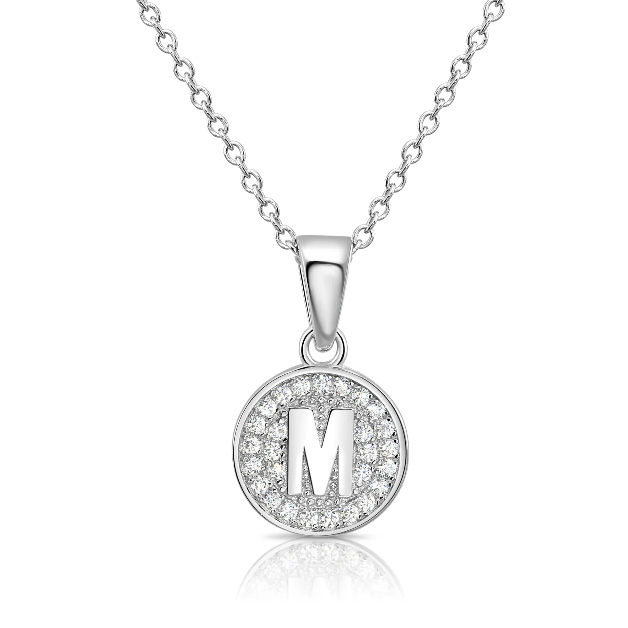 CZ Initial Round Charm Necklace (Letters A-Z) 16" 18" in Sterling Silver