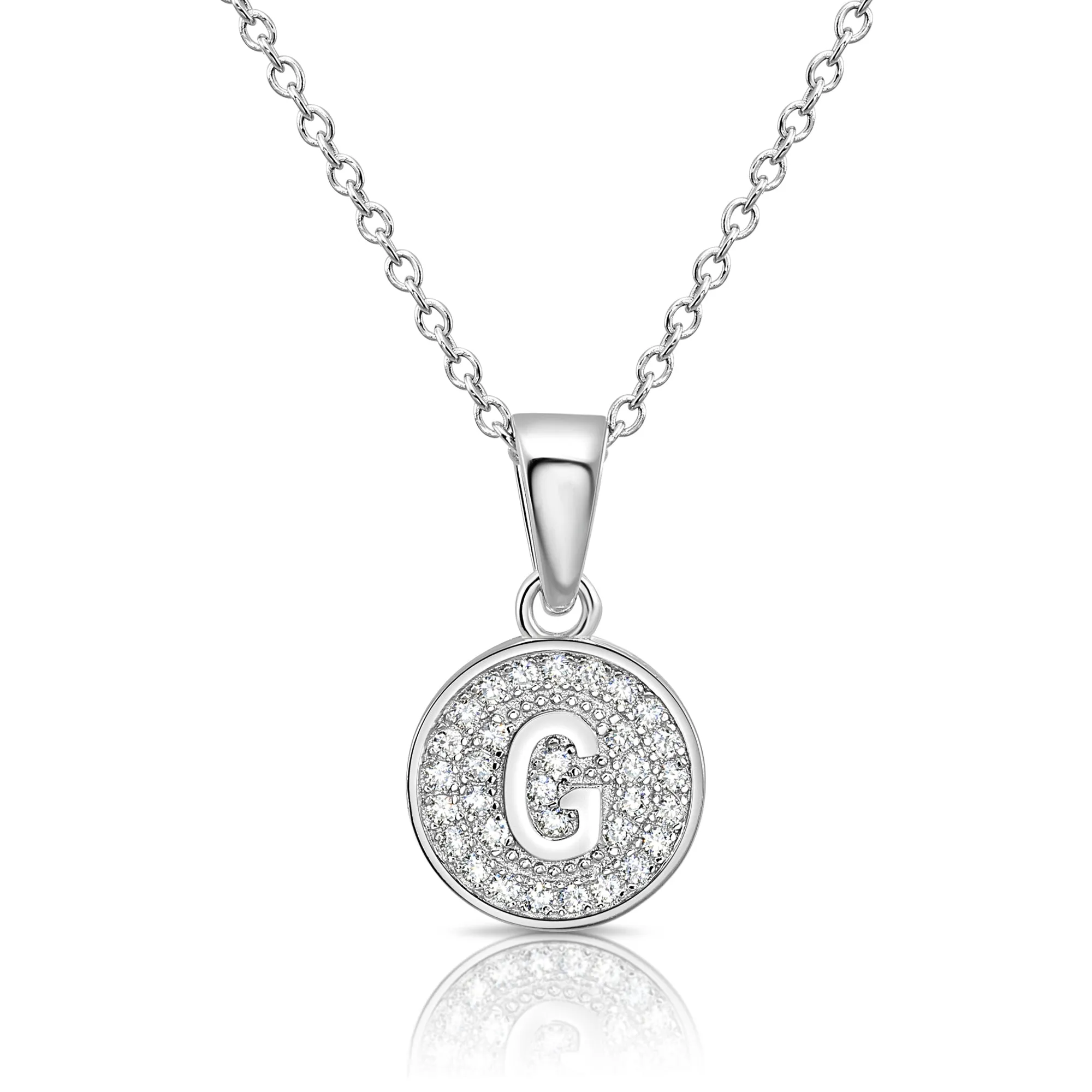 CZ Initial Round Charm Necklace (Letters A-Z) 16" 18" in Sterling Silver