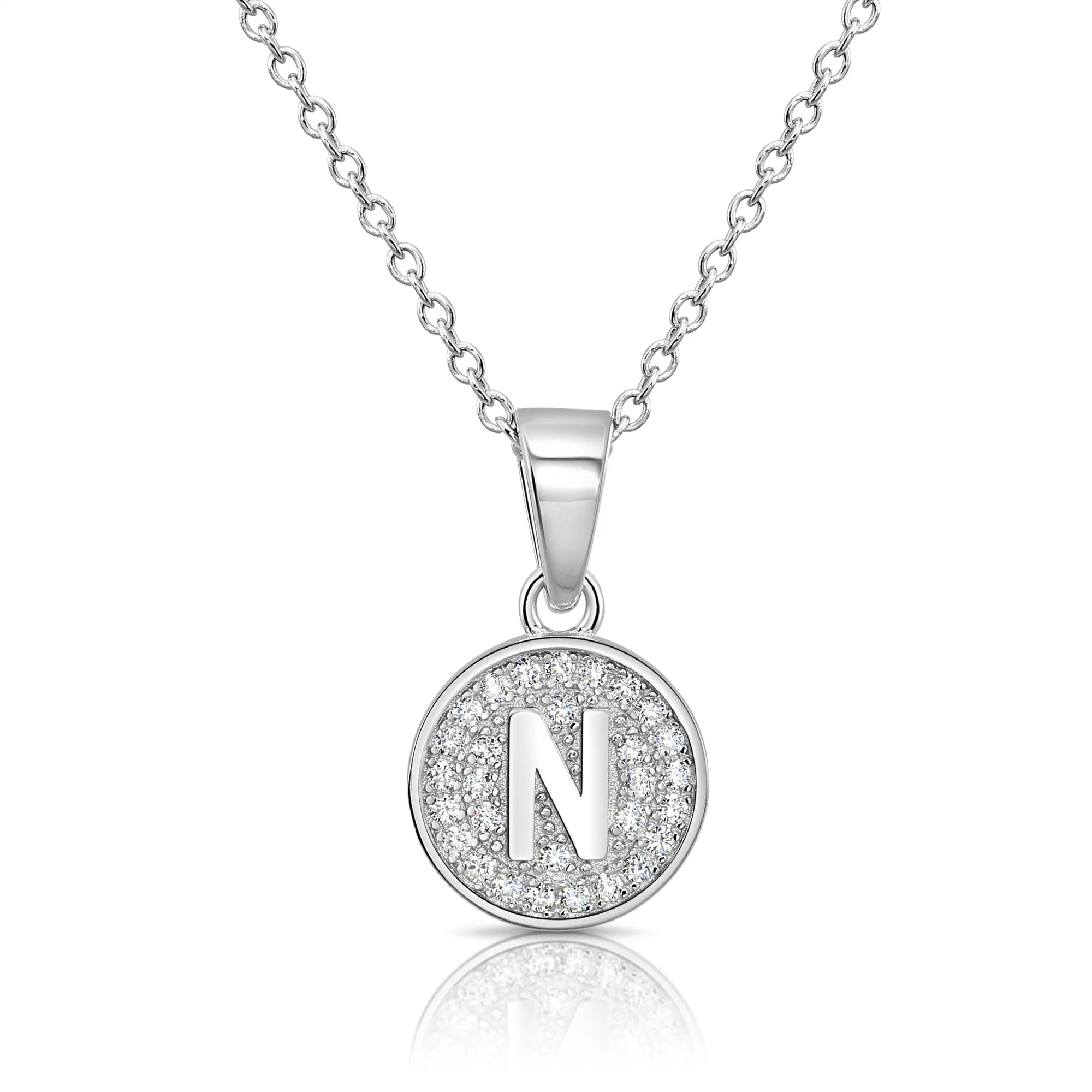 CZ Initial Round Charm Necklace (Letters A-Z) 16" 18" in Sterling Silver