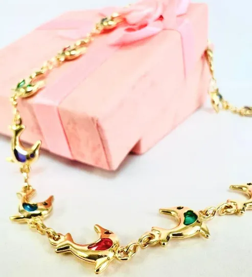 Dainty Multi Color Gemstone Dolphin Anklet Bracelet Girls Ladies Womes Bracelet for Foot 10" Gold Filled Body Jewelry Pulsera de Pie Delfín