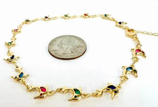 Dainty Multi Color Gemstone Dolphin Anklet Bracelet Girls Ladies Womes Bracelet for Foot 10" Gold Filled Body Jewelry Pulsera de Pie Delfín