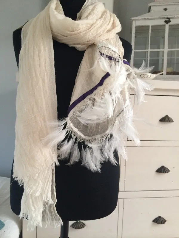 Designer Handmade Feather Scarf with Purple Trim