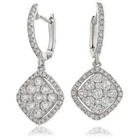 DIAMOND CLUSTER AND HALO DROP EARRINGS IN 18K WHITE GOLD