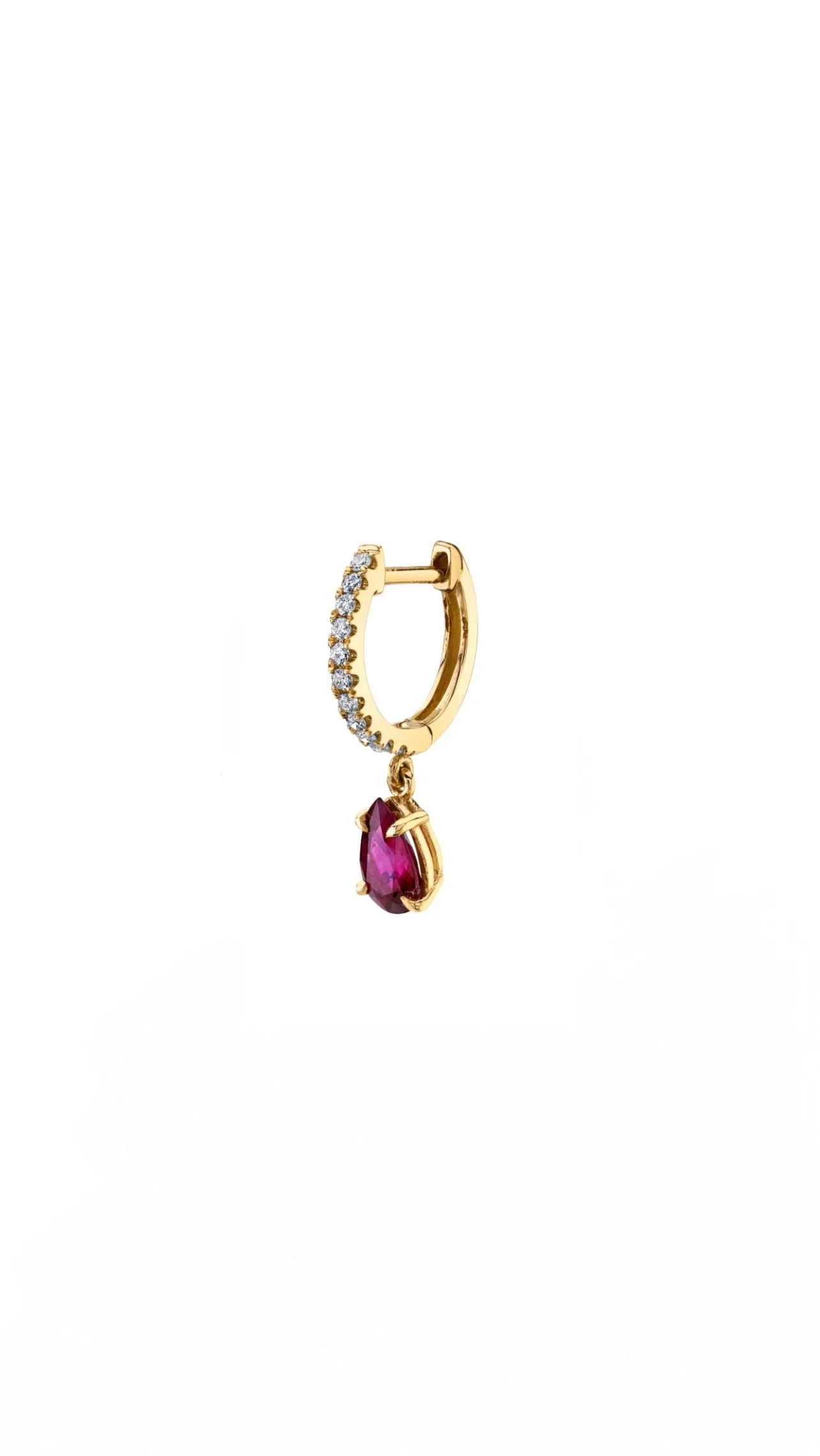 Diamond Huggie with Pear-Shaped Ruby Drop in Yellow Gold