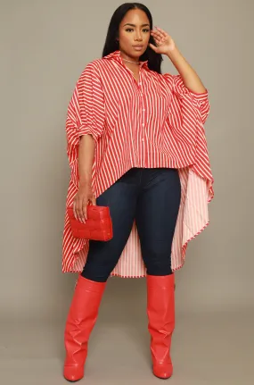 Don't Leave Oversized Striped Button Up Top - Red/White