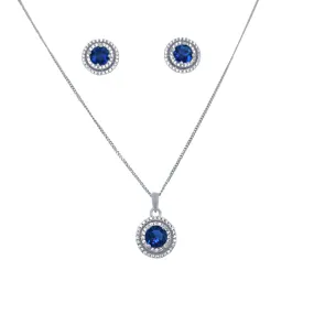 Double Halo Synthetic Dark Blue Opal Necklace and Stud Earrings Set