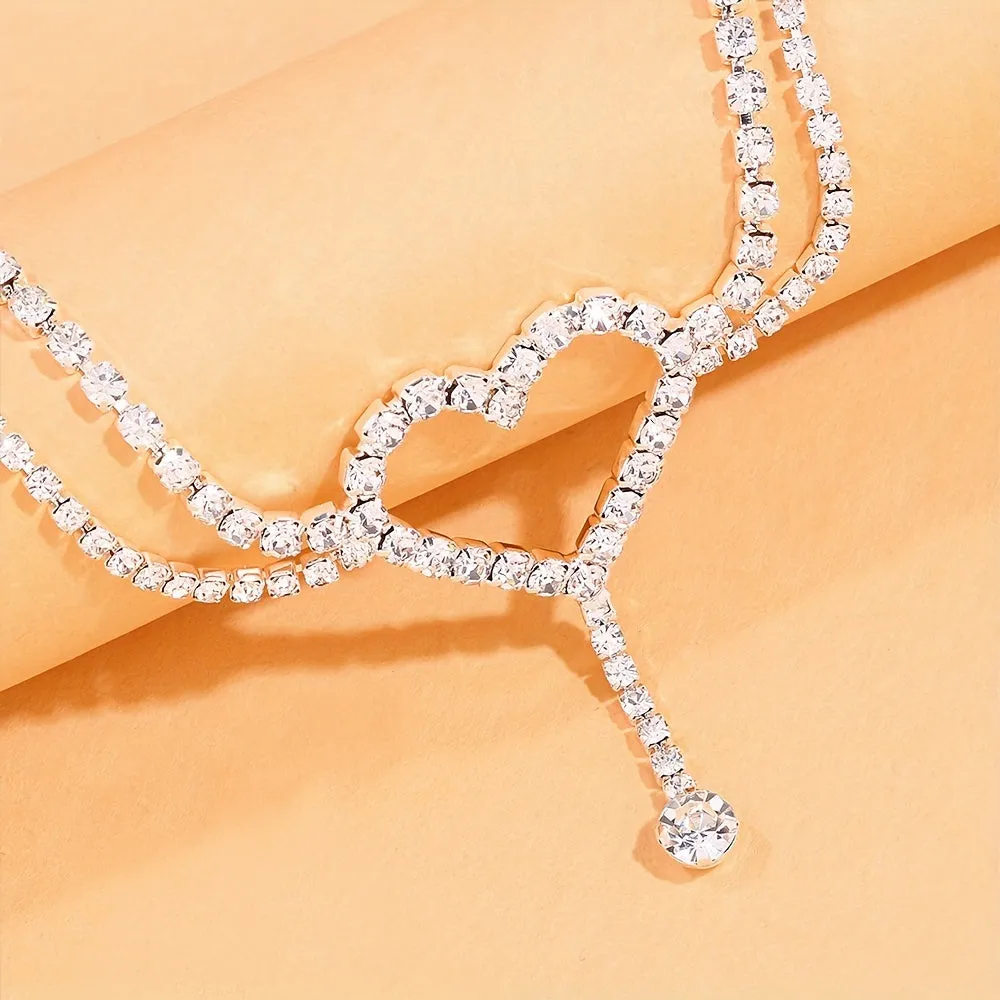 Doublelayered White Wedding Anklet with Love Heart and Rhinestones