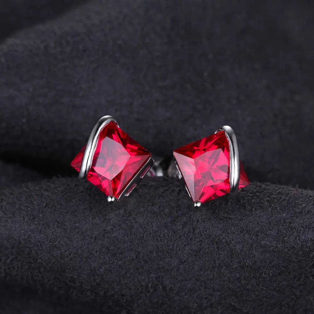 Earrings 2.8ct Created Red Ruby Stud Earrings Charm 925 Sterling Silver