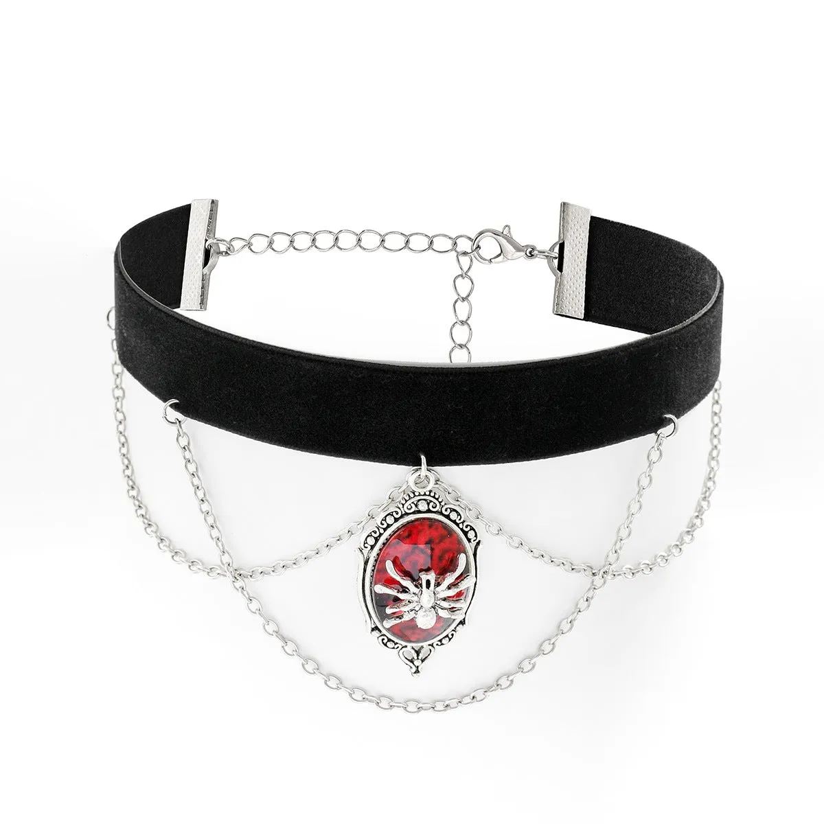 European-American Retro Black Chain Choker Necklace with Gothic Dark Red Spider Charm