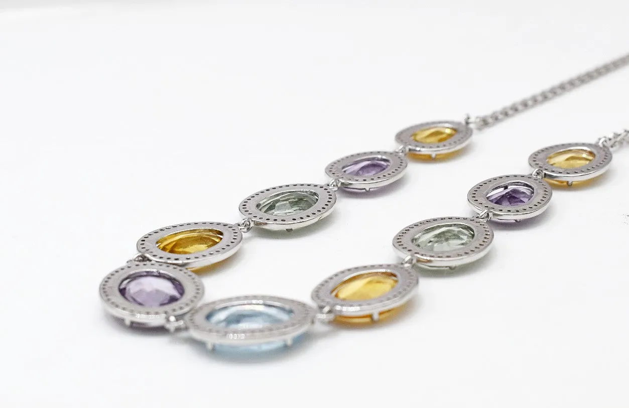 Exquisi Amethyst, Citrine, Sky blue topaz, Mint Quartz Victorian style Necklace