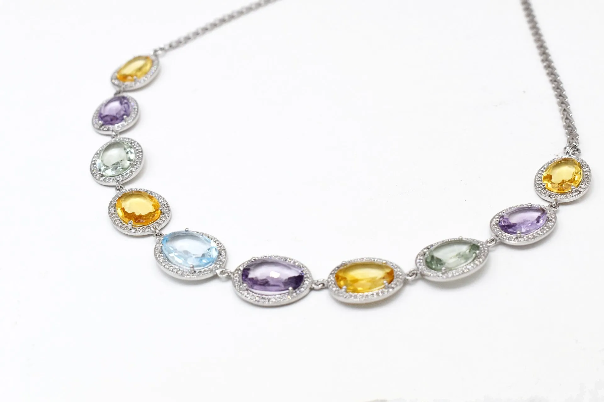 Exquisi Amethyst, Citrine, Sky blue topaz, Mint Quartz Victorian style Necklace