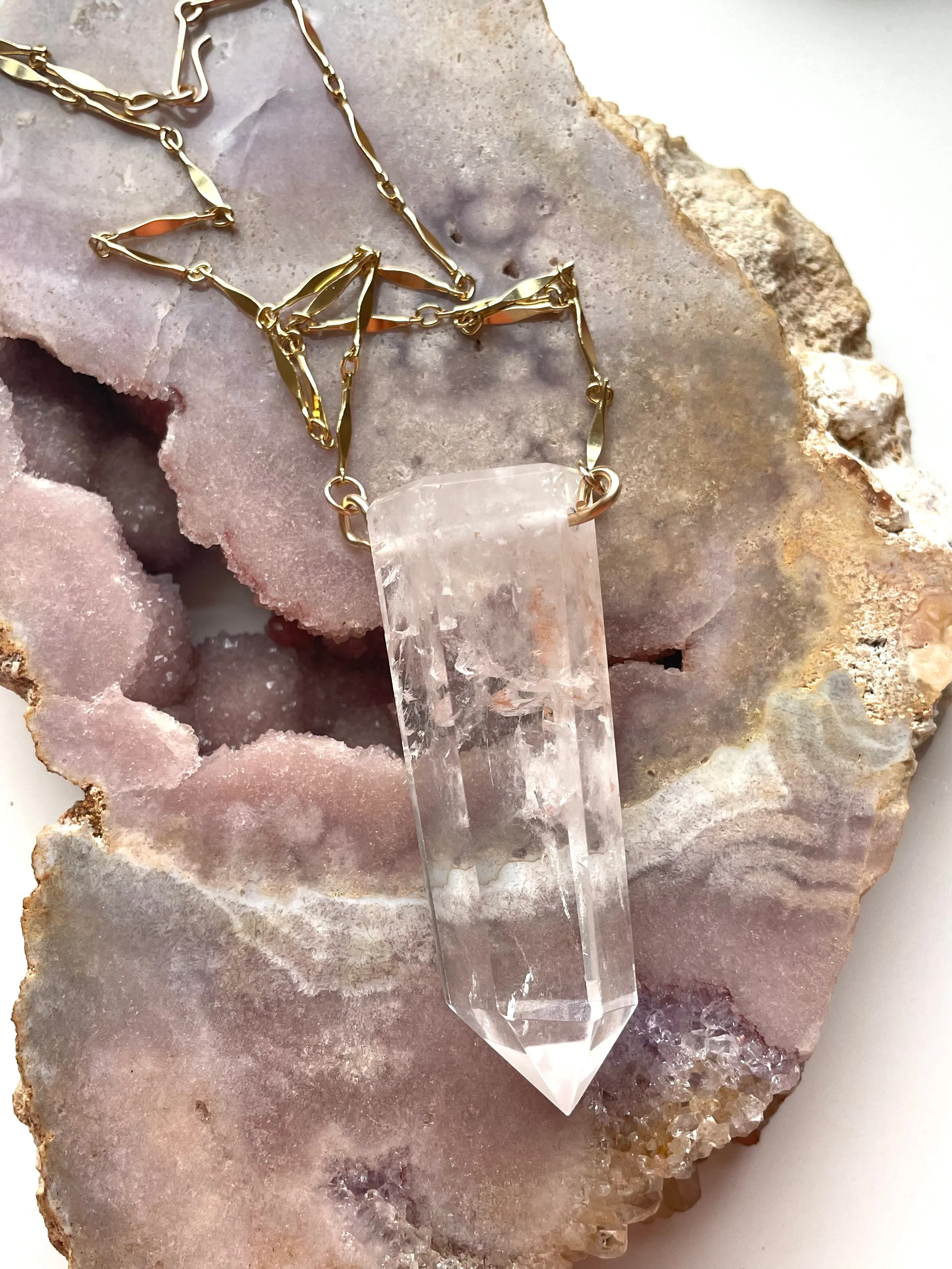 Extra large Chunky Clear Quartz Tower Necklace 14kt Gold filled