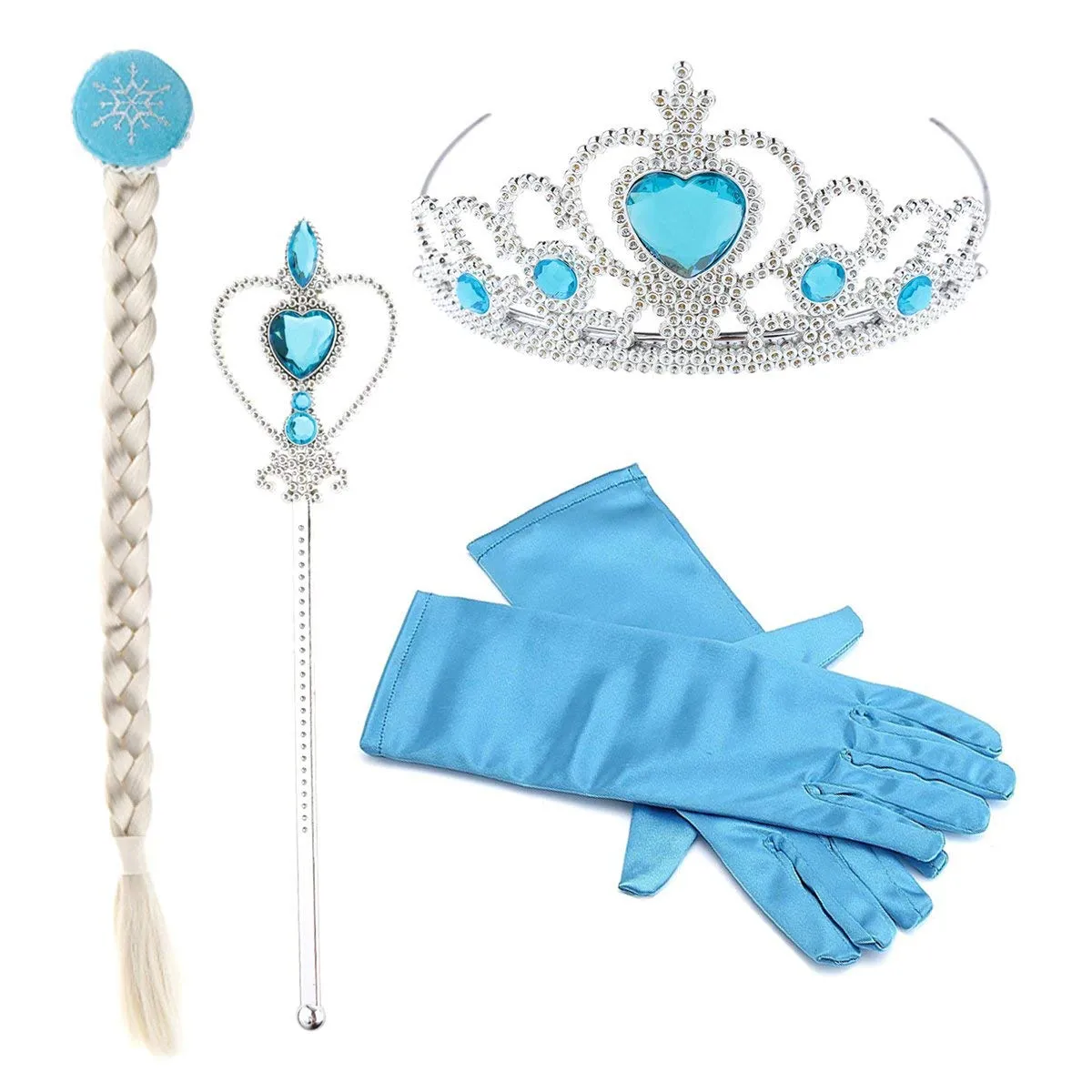 FOK Polyester Princess Fairy Dress Set - Head Gear Tiara, Crown, Wand, Gloves, Braid Hair Wig ( Blue )