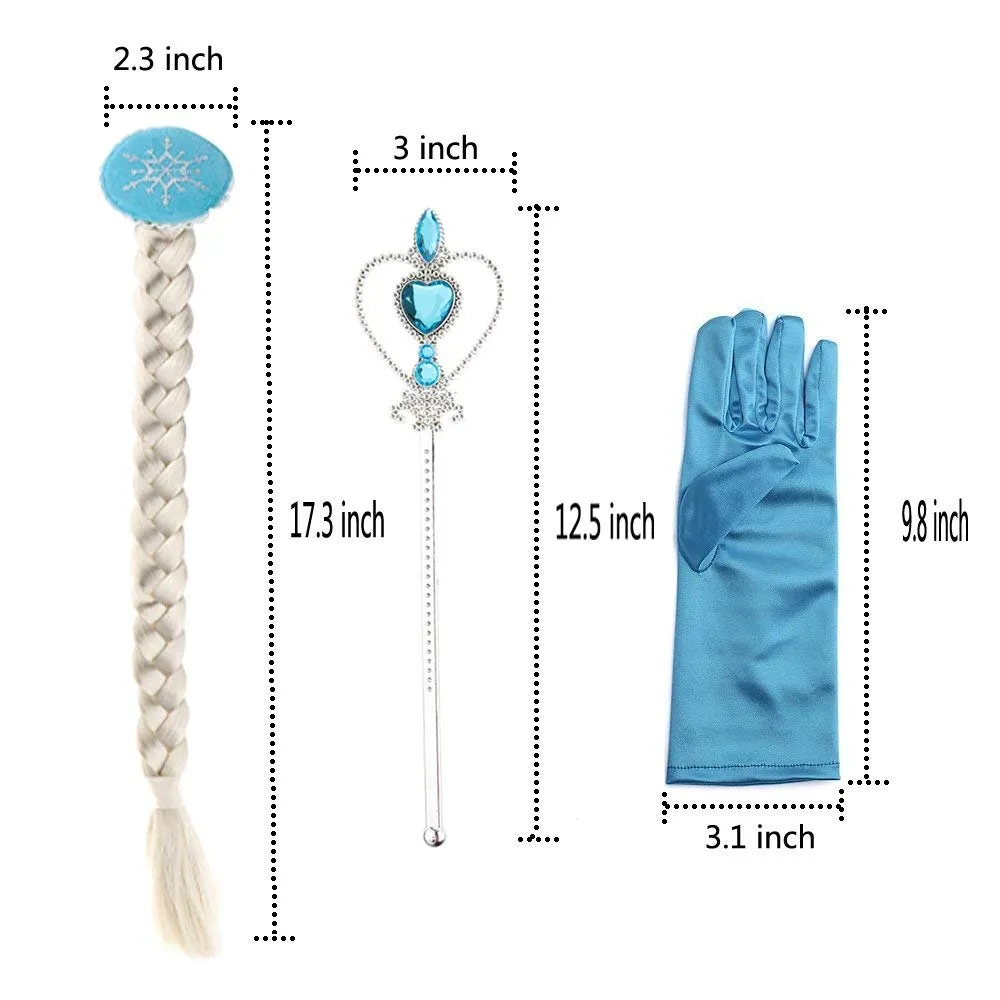 FOK Polyester Princess Fairy Dress Set - Head Gear Tiara, Crown, Wand, Gloves, Braid Hair Wig ( Blue )