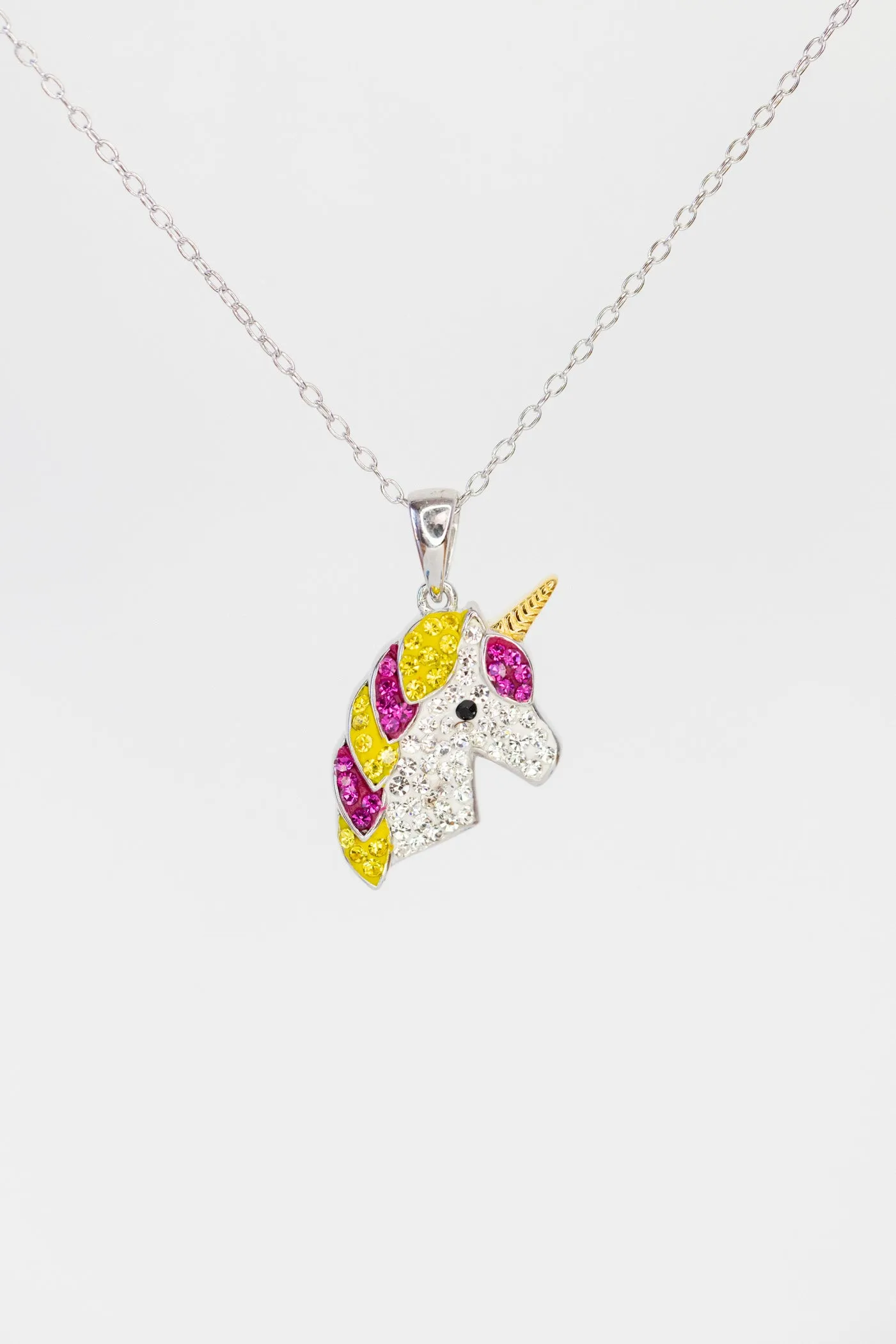 Fuchsia and Yellow Unicorn Crystal Sterling Silver Necklace