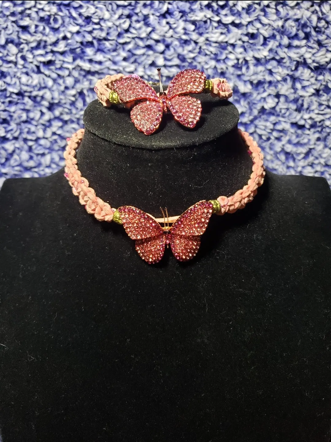 Genuine Pink Leather Set with Austrian Crystal & Stainless Steel Butterfly. Choker & Bracelet, adjustable with Lobster Claw Clasps.