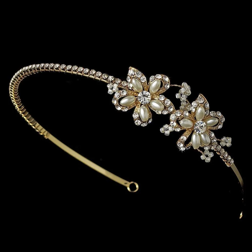 Golden Crystal  Pearl Wedding Headband with Side Accents