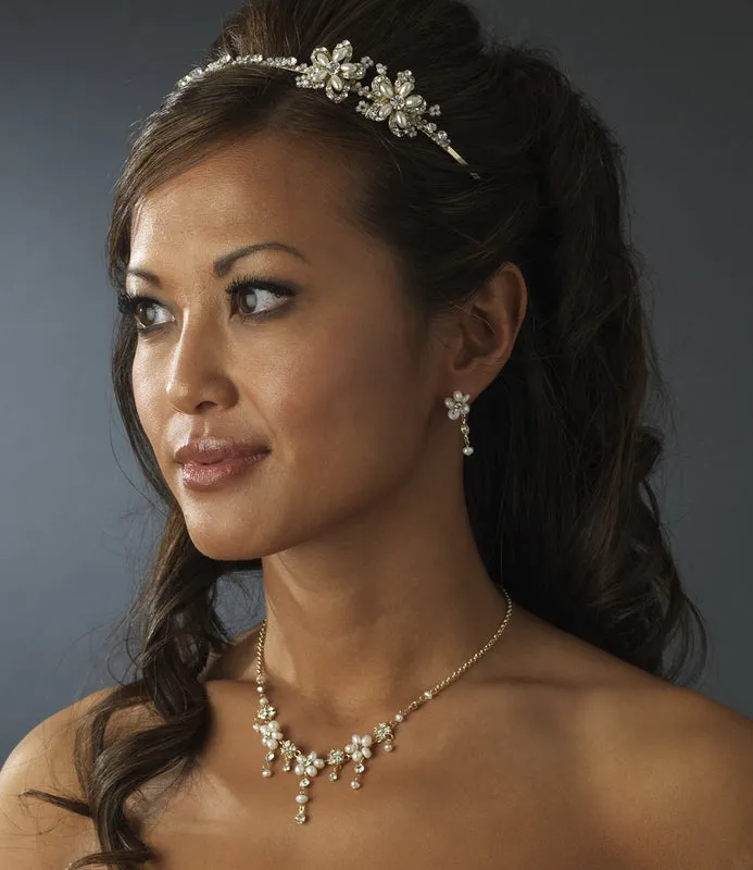 Golden Crystal  Pearl Wedding Headband with Side Accents