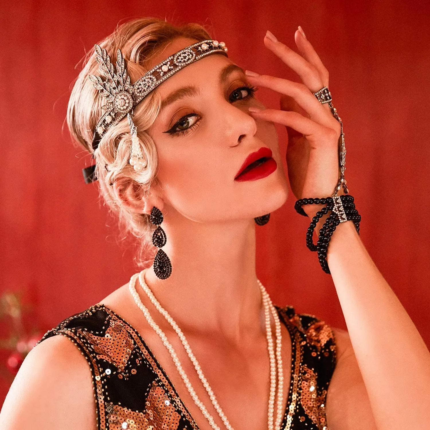 Great Gatsby 1920's Flapper Rhinestone & Pearl Headdress Fancy Dress - Black (Style 1)