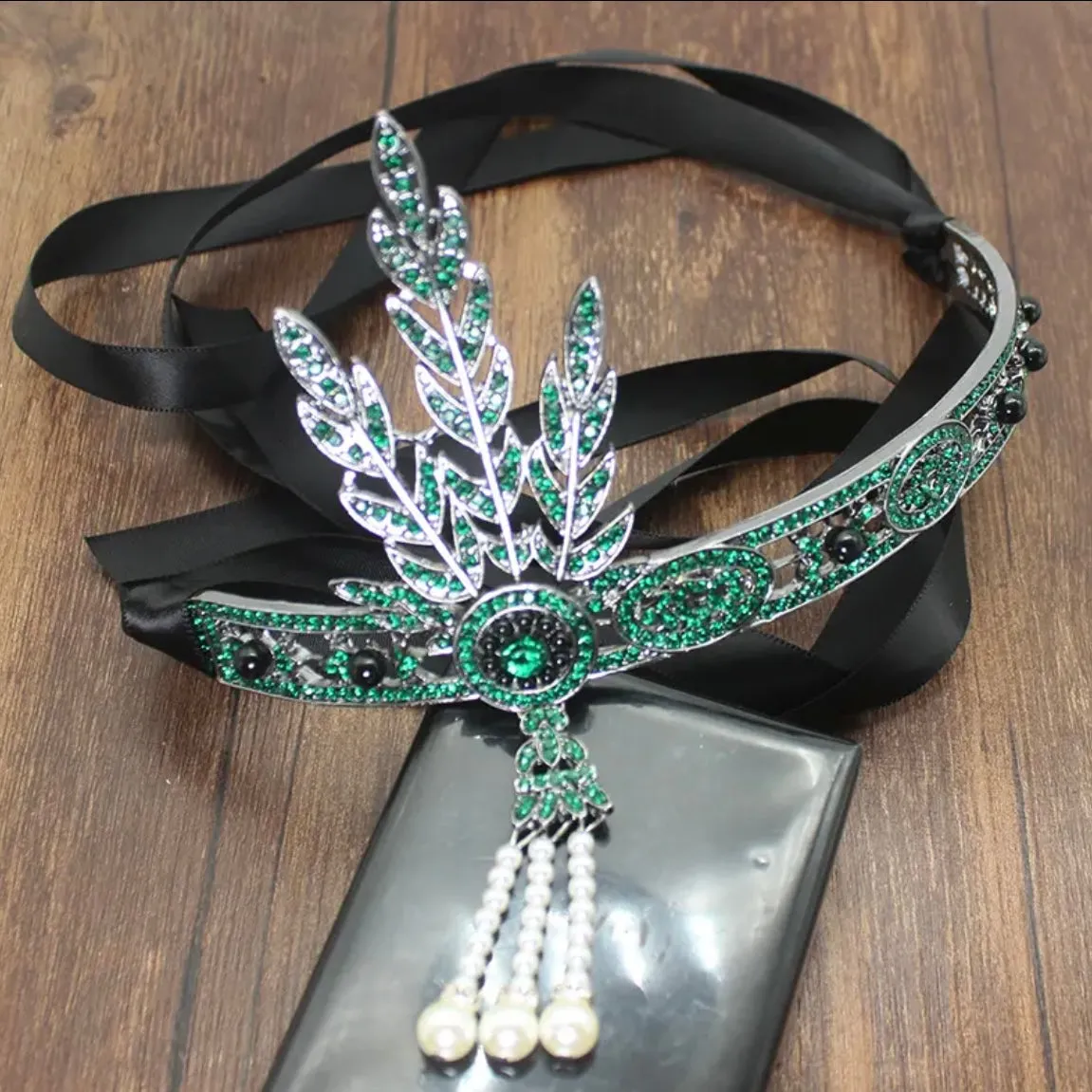 Great Gatsby 1920's Flapper Rhinestone & Pearl Headdress Fancy Dress - Green (Style 1)