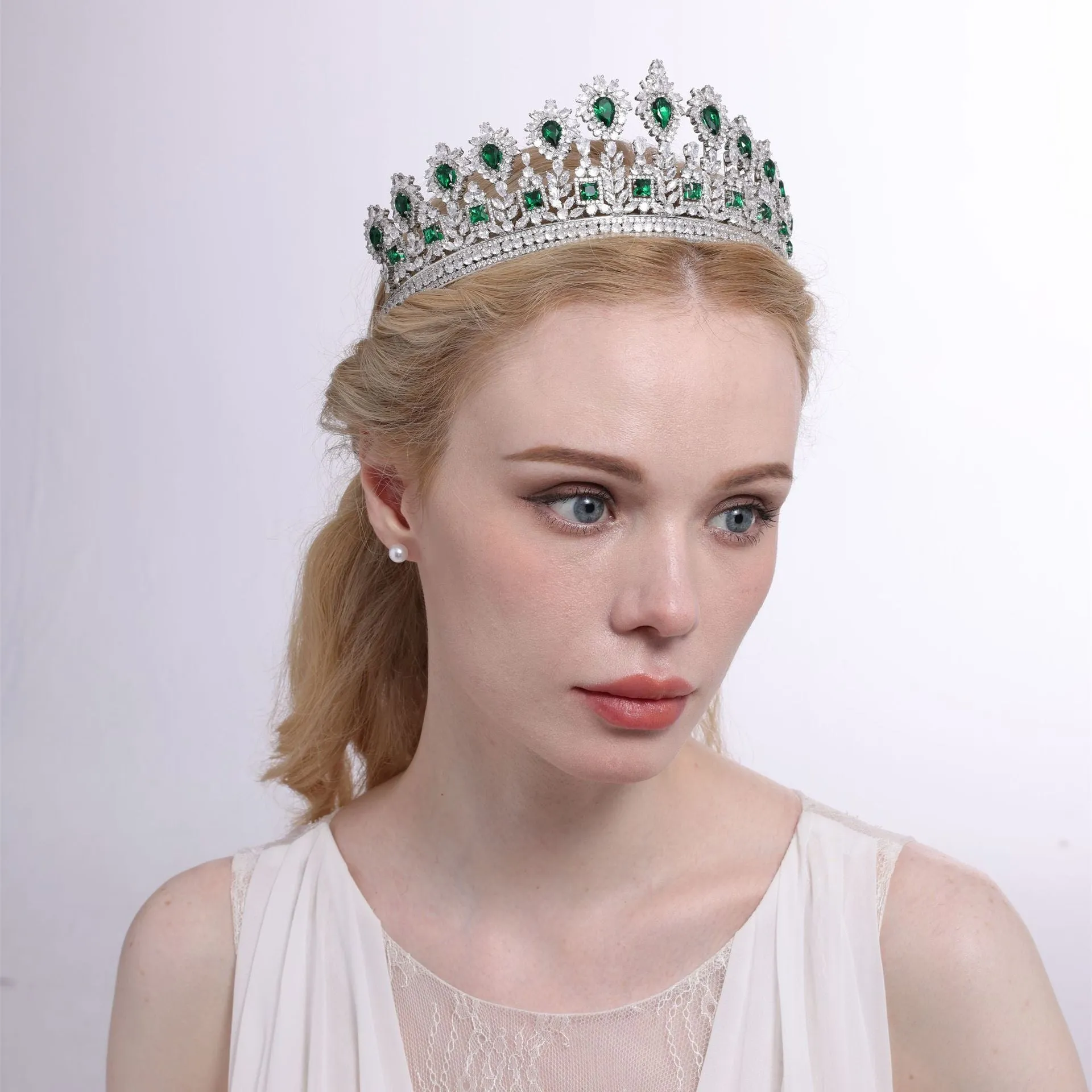 Green Zirconia Wedding Tiara,Crystal Big Tiara for Bride,Prom,Party Head Accessories GS0275