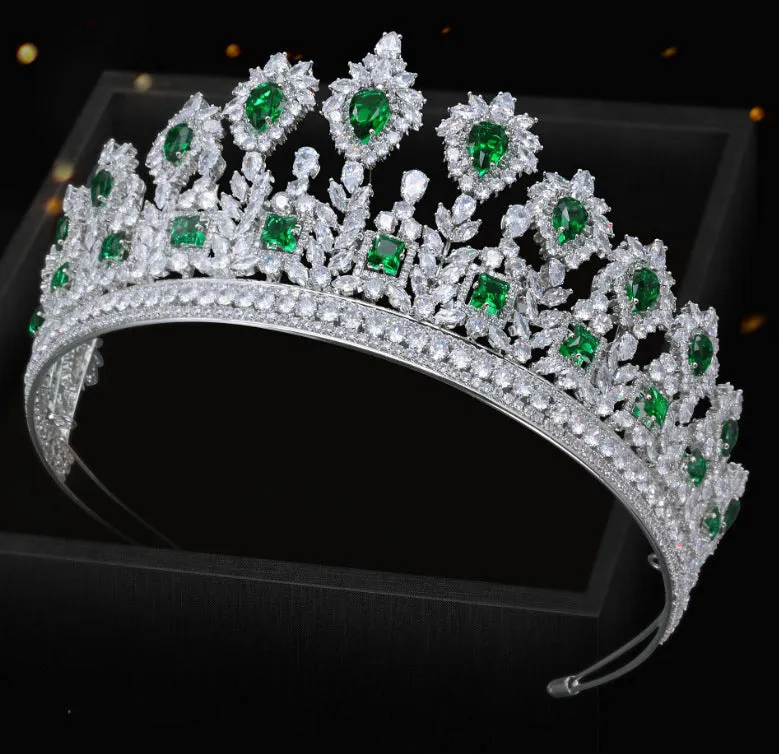 Green Zirconia Wedding Tiara,Crystal Big Tiara for Bride,Prom,Party Head Accessories GS0275