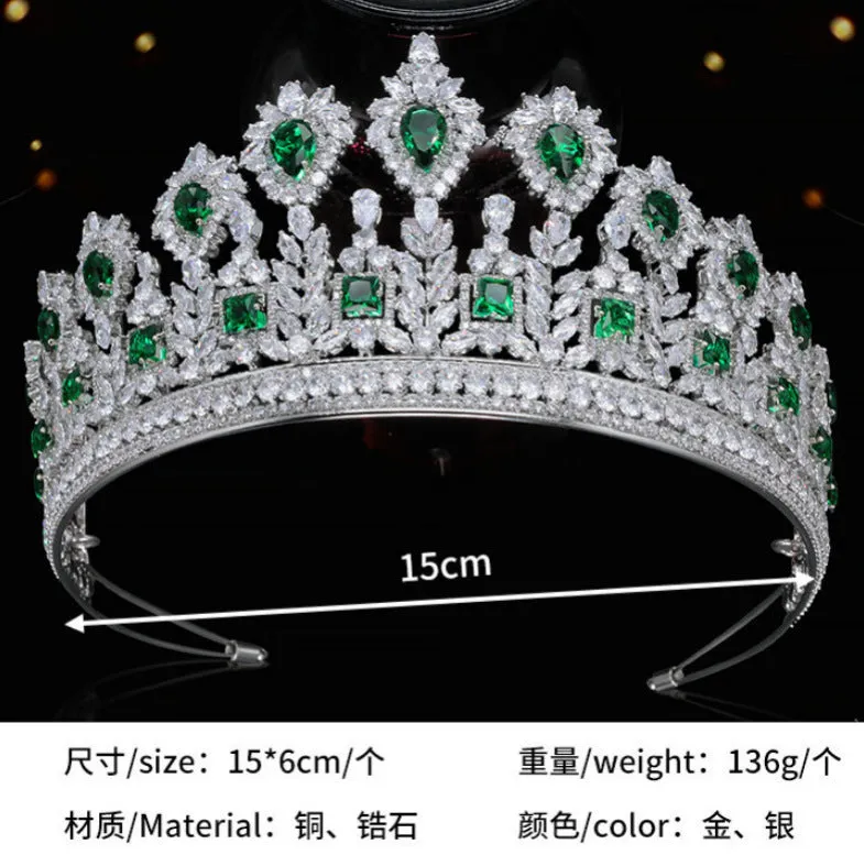 Green Zirconia Wedding Tiara,Crystal Big Tiara for Bride,Prom,Party Head Accessories GS0275