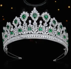 Green Zirconia Wedding Tiara,Crystal Big Tiara for Bride,Prom,Party Head Accessories GS0275