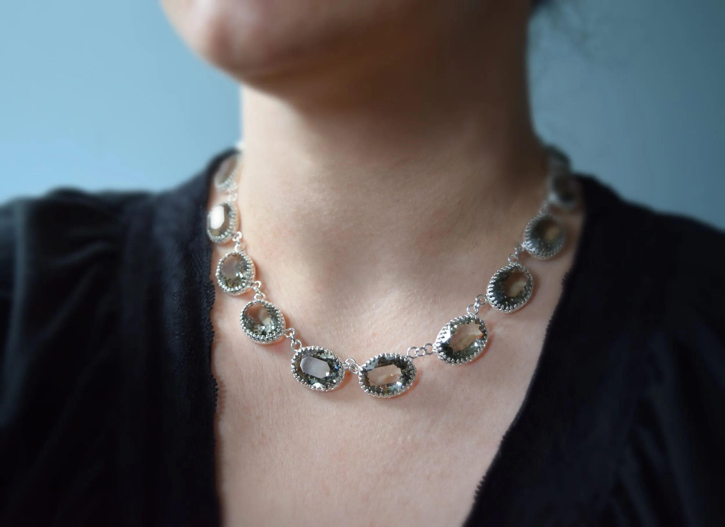 Grey Swarovski Crystal Collet Necklace - Large Oval Crown Setting