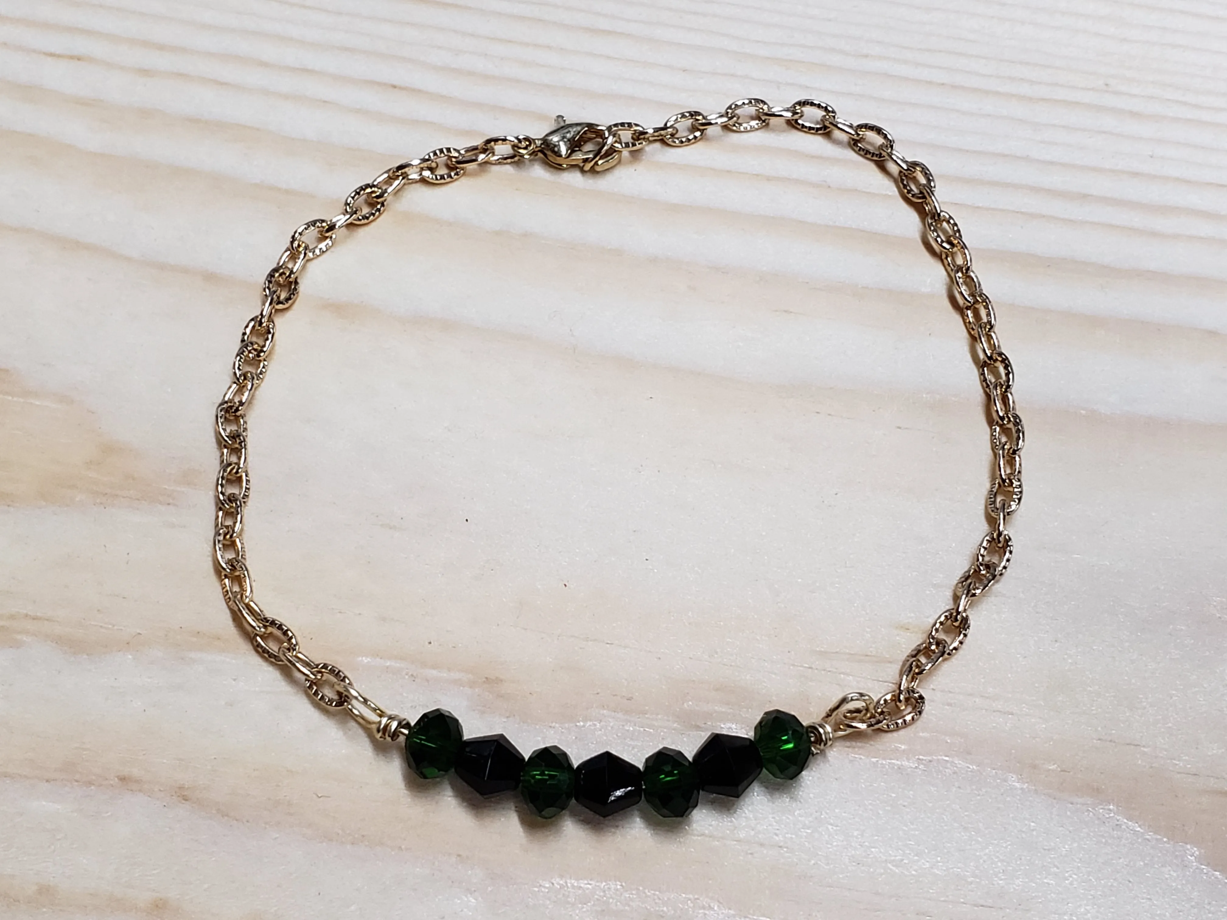 Hand Crafted Green & Black Czech Glass & Non Tarnish Gold Tone Chain 9.5" Anklet with Screw Clasp