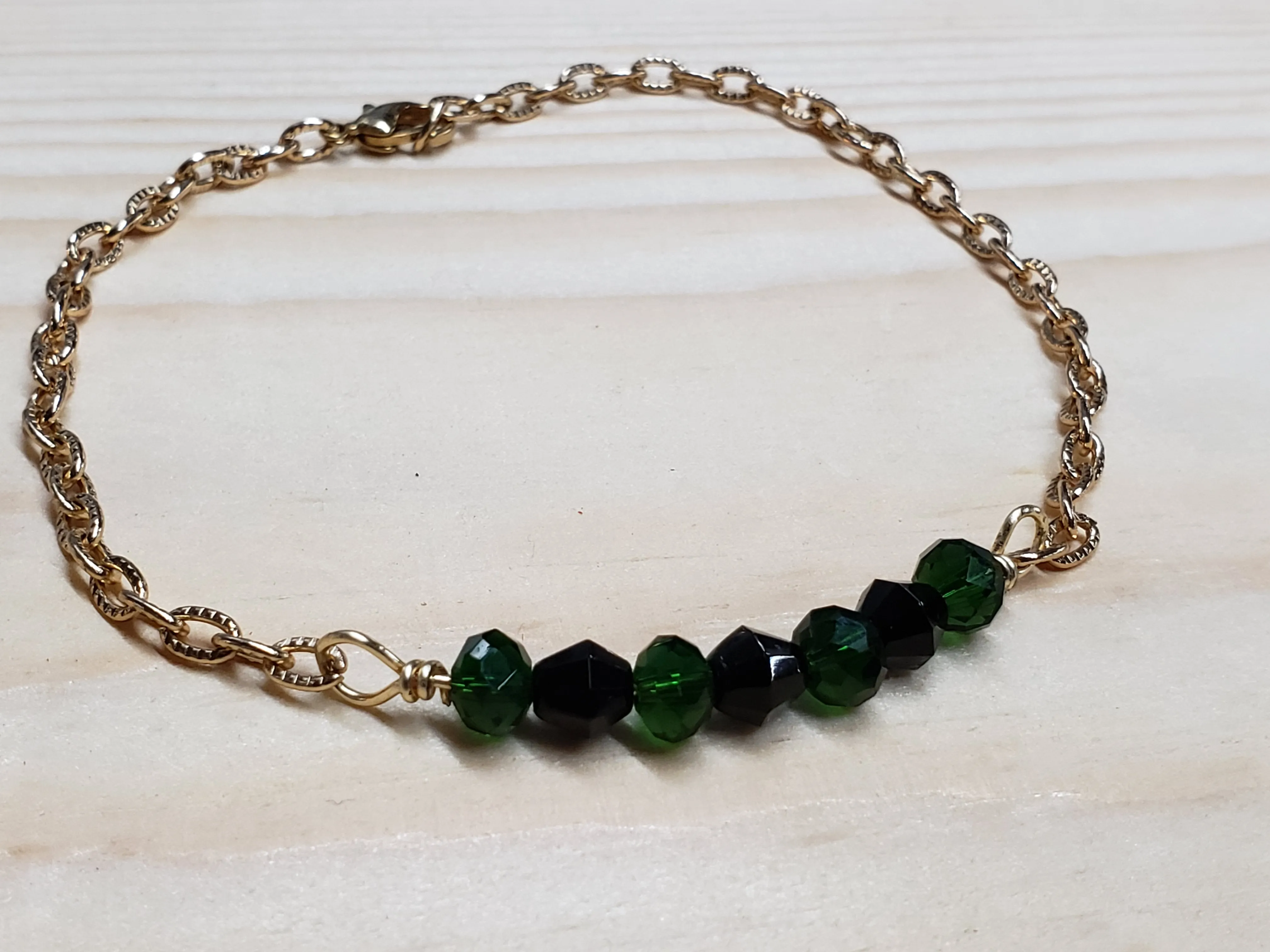 Hand Crafted Green & Black Czech Glass & Non Tarnish Gold Tone Chain 9.5" Anklet with Screw Clasp