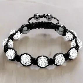 Handmade Adjustable Shamballa Bracelet with White Crystals & Hematite – Unisex Jewelry Gift