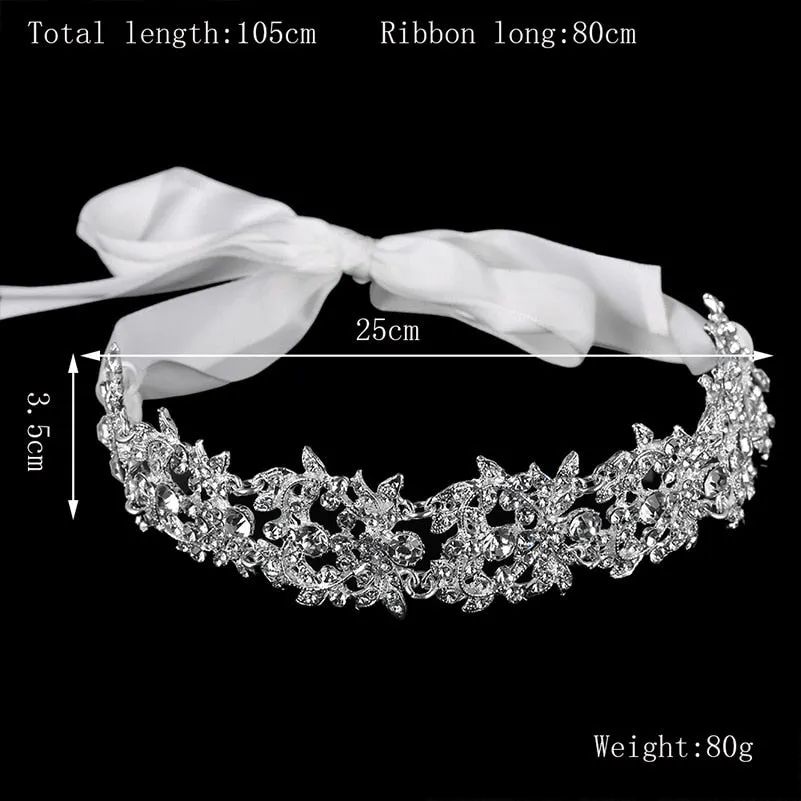 Handmade Crystal Flowers and Ribbon Bridal Headband-Tiara Crown