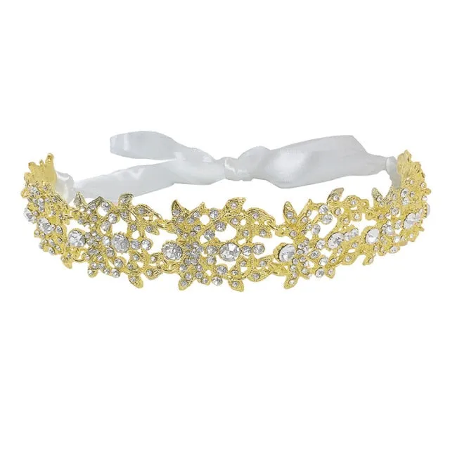 Handmade Crystal Flowers and Ribbon Bridal Headband-Tiara Crown