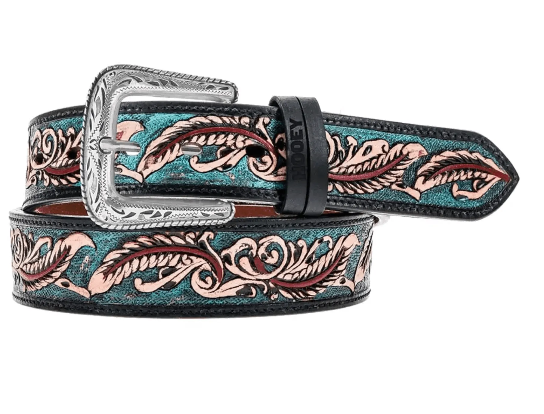 Hooey "Sequoia" Black & Turquoise Feather Filigree Leather Belt HWBLT026