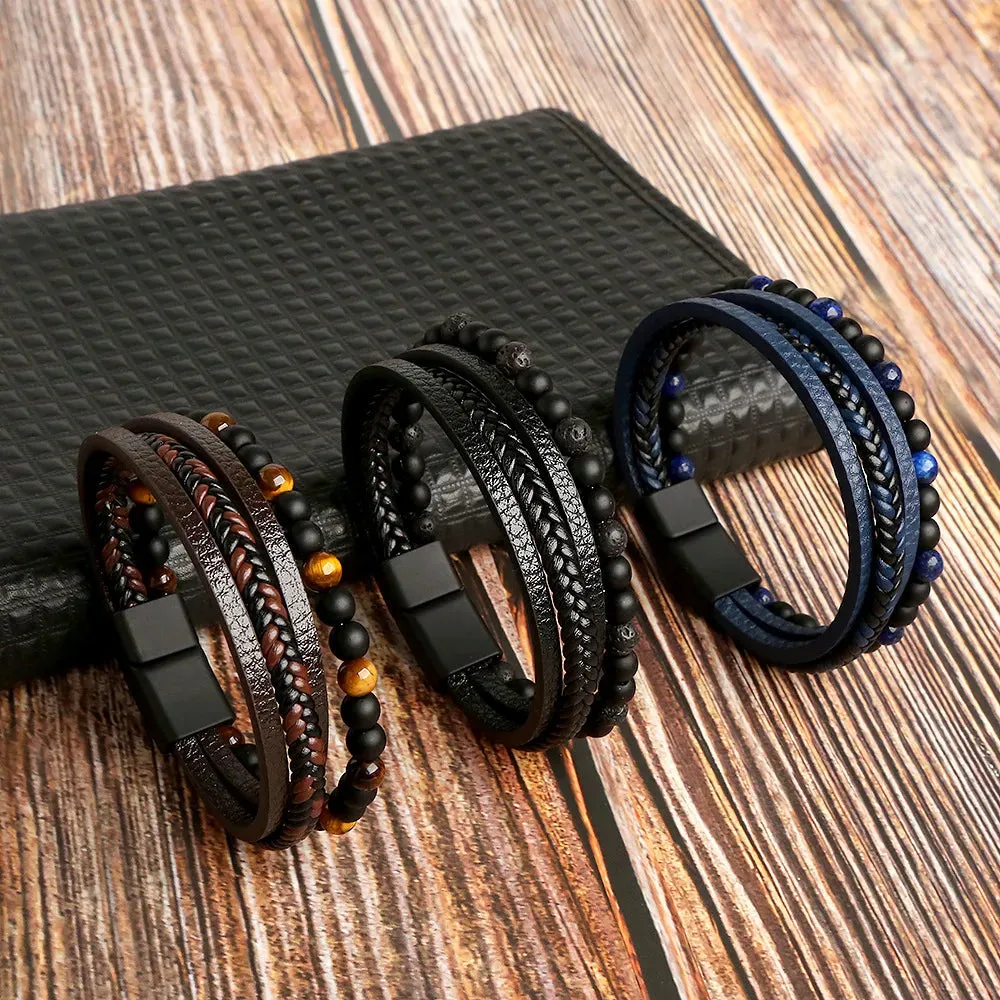 Hot Fashion Beads Leather Bracelet Men Classic Tiger Eye Beaded Multi Layer Leather Bracelet For Men Jewelry 2023 Gift