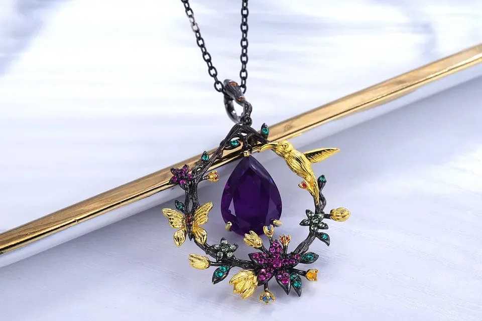 Hummingbird Floral Statement Necklace 925 Sterling Silver Waterproof Vintage Topaz, Amethyst or Citrine