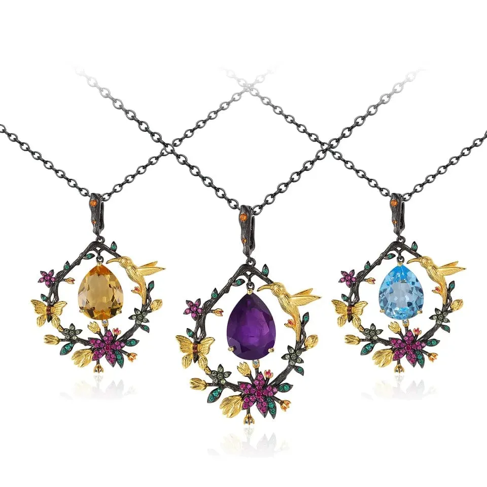 Hummingbird Floral Statement Necklace 925 Sterling Silver Waterproof Vintage Topaz, Amethyst or Citrine