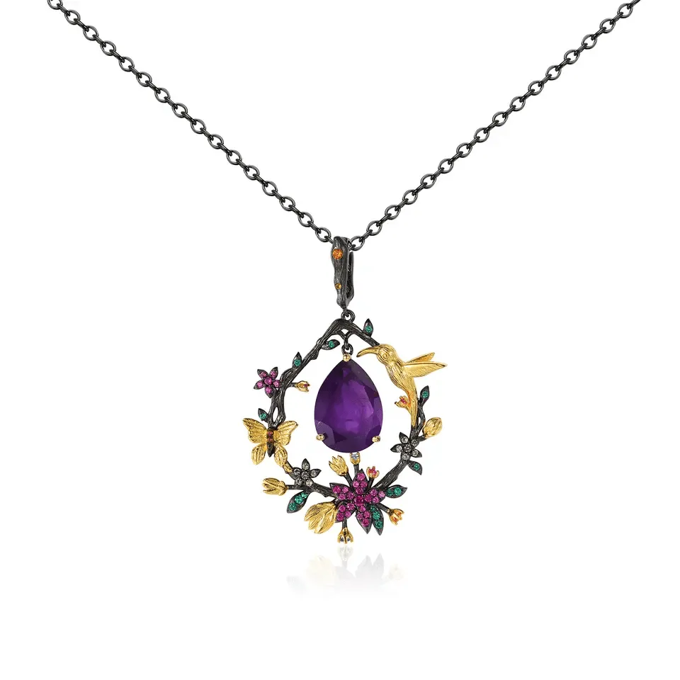 Hummingbird Floral Statement Necklace 925 Sterling Silver Waterproof Vintage Topaz, Amethyst or Citrine