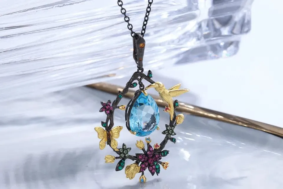 Hummingbird Floral Statement Necklace 925 Sterling Silver Waterproof Vintage Topaz, Amethyst or Citrine