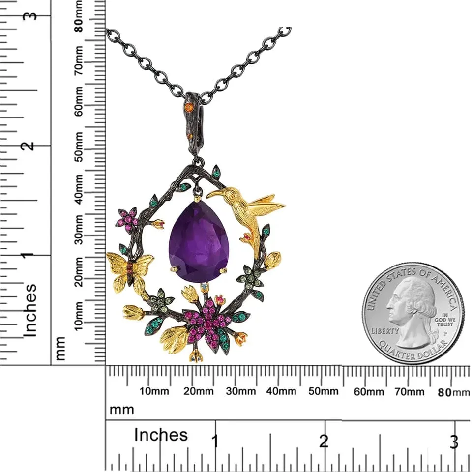 Hummingbird Floral Statement Necklace 925 Sterling Silver Waterproof Vintage Topaz, Amethyst or Citrine