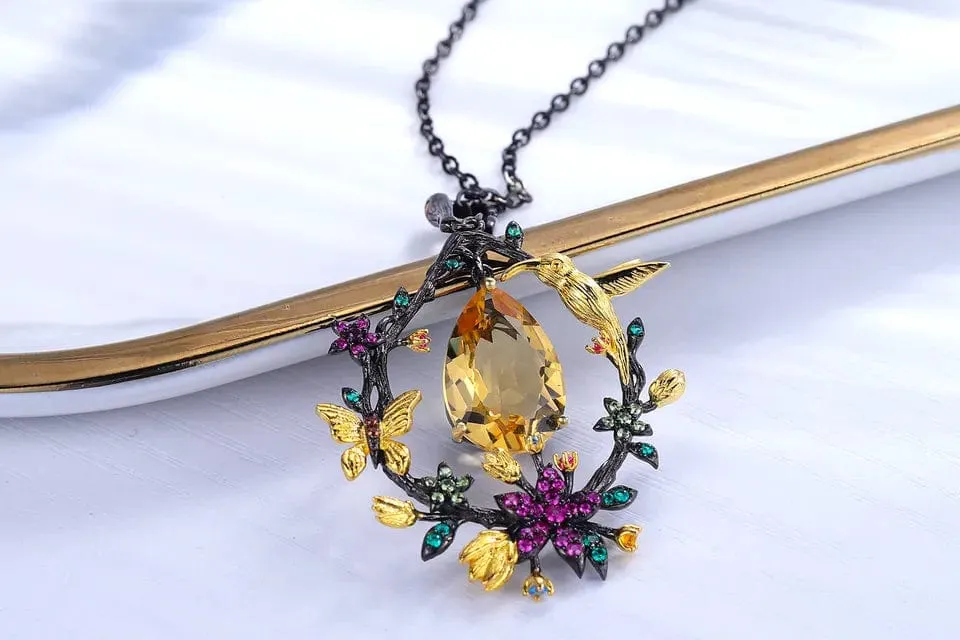 Hummingbird Floral Statement Necklace 925 Sterling Silver Waterproof Vintage Topaz, Amethyst or Citrine