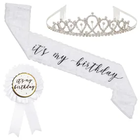 It's My Birthday Sash, Silver Rhinestone Tiara Crown, Ribbon Badge Pin for Women (White, 3 Piece Set)