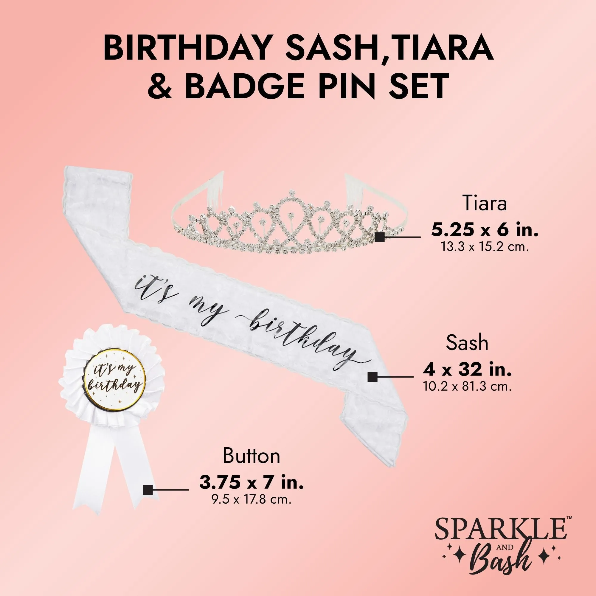 It's My Birthday Sash, Silver Rhinestone Tiara Crown, Ribbon Badge Pin for Women (White, 3 Piece Set)