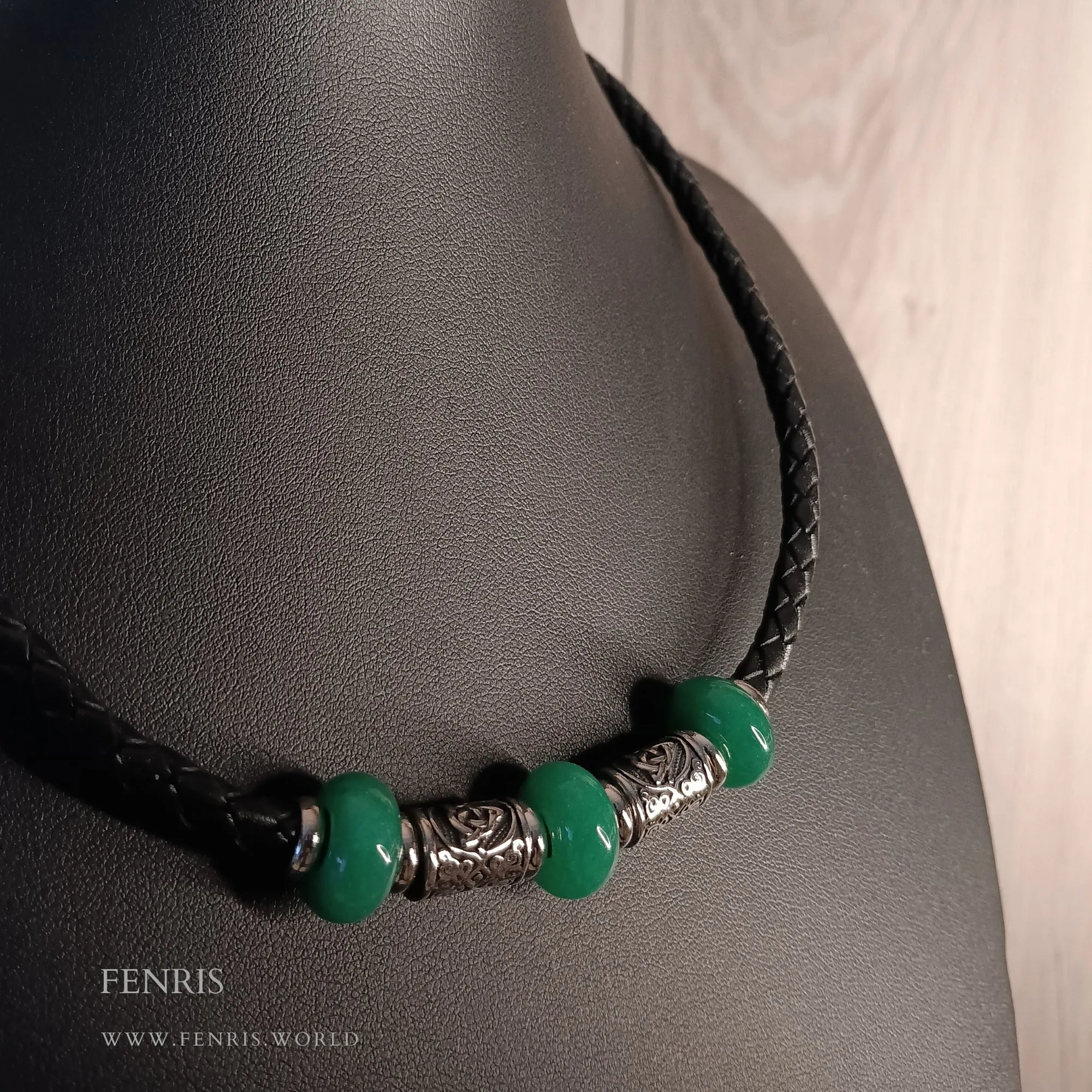 Jade Celtic Choker Necklace Silver Green Black Leather