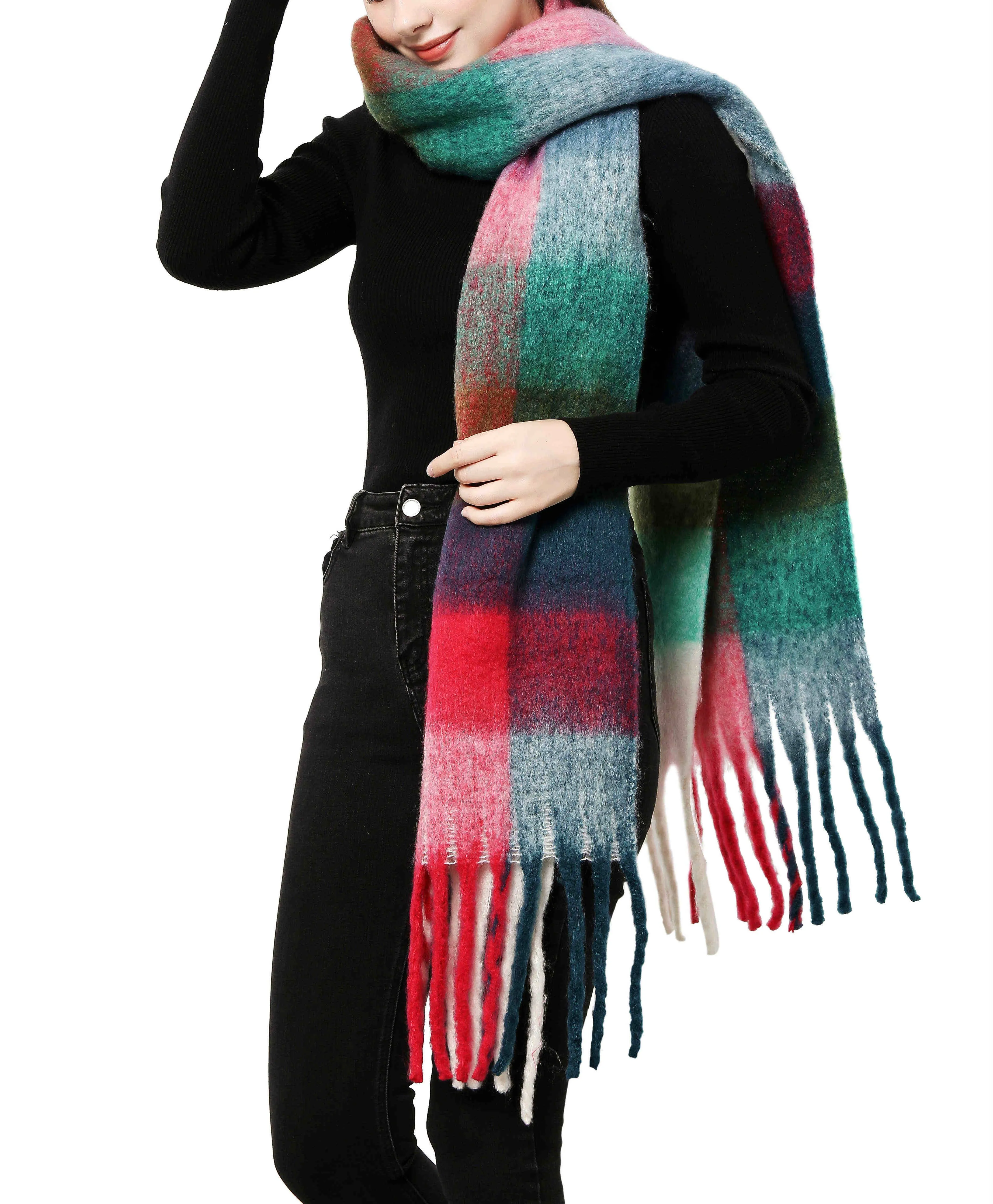 JC SUNNY FASHION Oversized Colorful Cozy Long Fringe Fuzzy Scarf