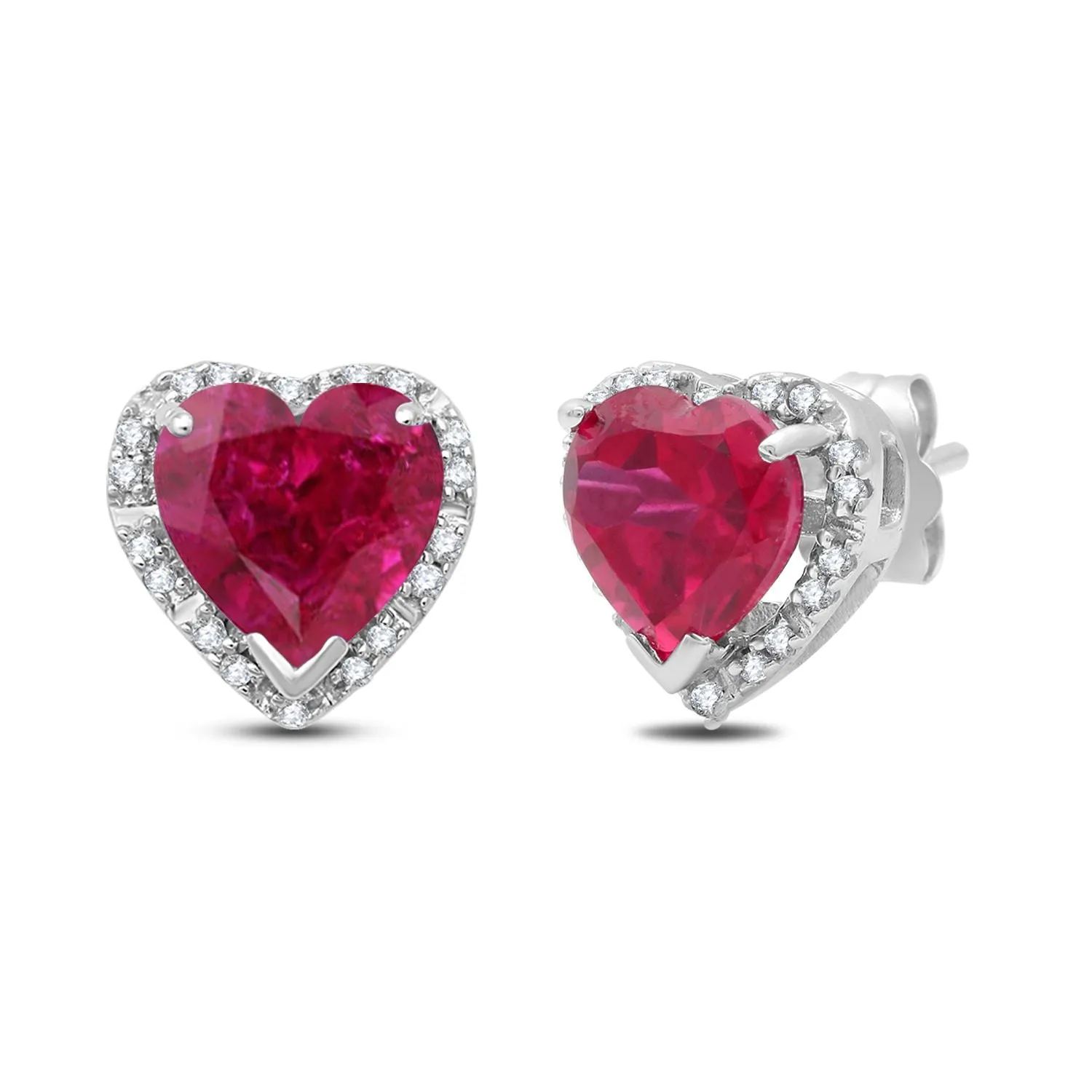 Jewelili 10K White Gold with Heart Shape Created Ruby and 1/10 CTTW Natural White Round Diamonds Stud Earrings