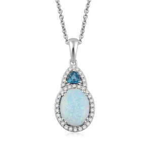 Jewelili Sterling Silver With Created Opal, London Blue Topaz and Created White Sapphire Pendant Necklace