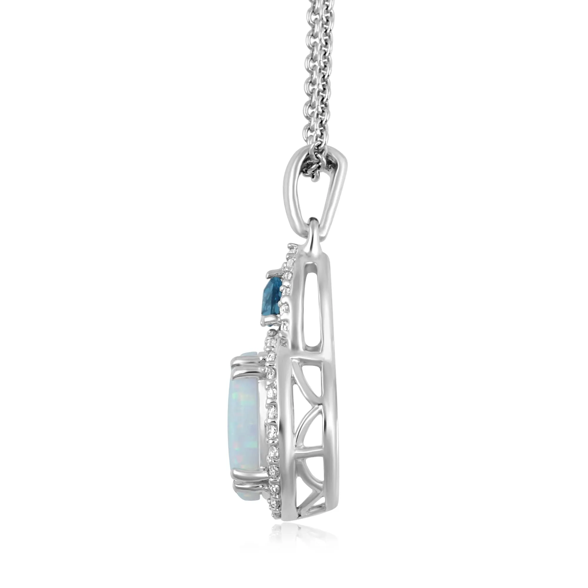 Jewelili Sterling Silver With Created Opal, London Blue Topaz and Created White Sapphire Pendant Necklace